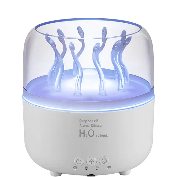 Green-Life plastic ultrasonic diffuser GF25EAV77E46 with jellyfish visual effect, creating floating light and mist resembling jellyfish movement for decorative aroma diffuser concepts.