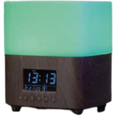 Green-Life plastic ultrasonic diffuser GF24EA080E29 with clock function, integrating time display with ultrasonic aroma diffusion for multifunction fragrance products.