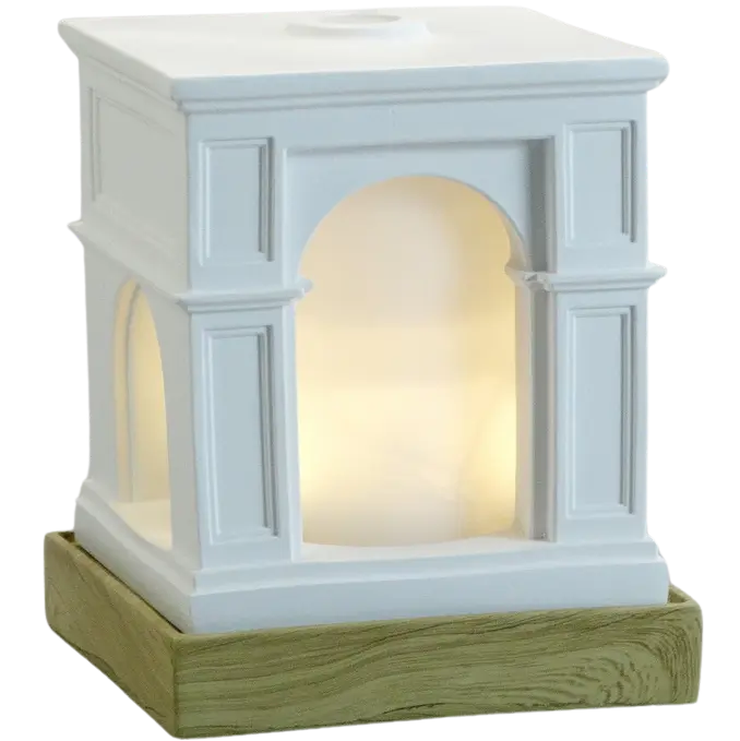 Green-Life polyresin ultrasonic diffuser GL24EA328 inspired by Roman architecture, combining sculptural building forms with decorative aroma diffusion for themed fragrance collections.