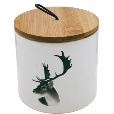 Green-Life ceramic candle jar GF25CJ058 with decal decoration, supporting detailed graphic application and scalable production for private label fragrance brands.