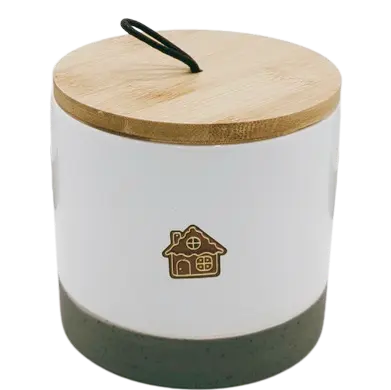 Green-Life ceramic candle jar GF25CJ059 with decal decoration, supporting detailed graphic application and scalable production for private label fragrance brands.