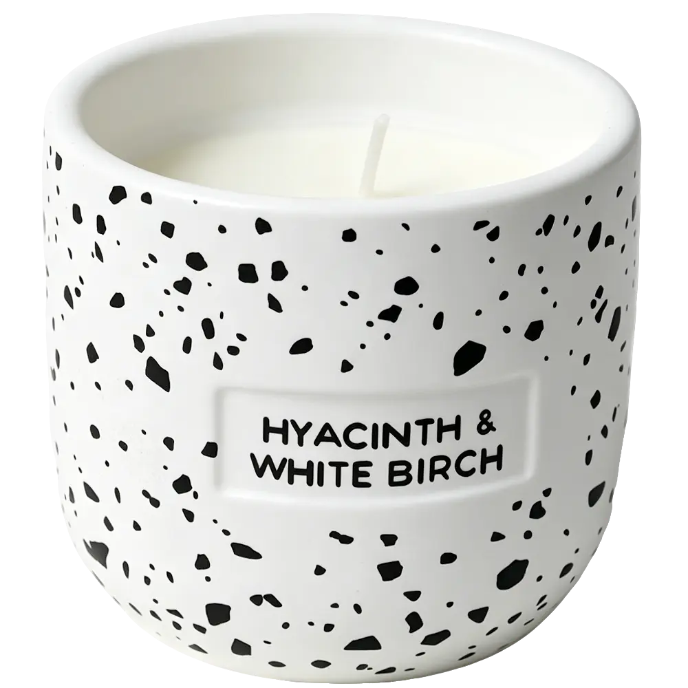 Green-Life ceramic candle jar GF25CJ149 with decal decoration, supporting detailed graphic application and scalable production for private label fragrance brands.