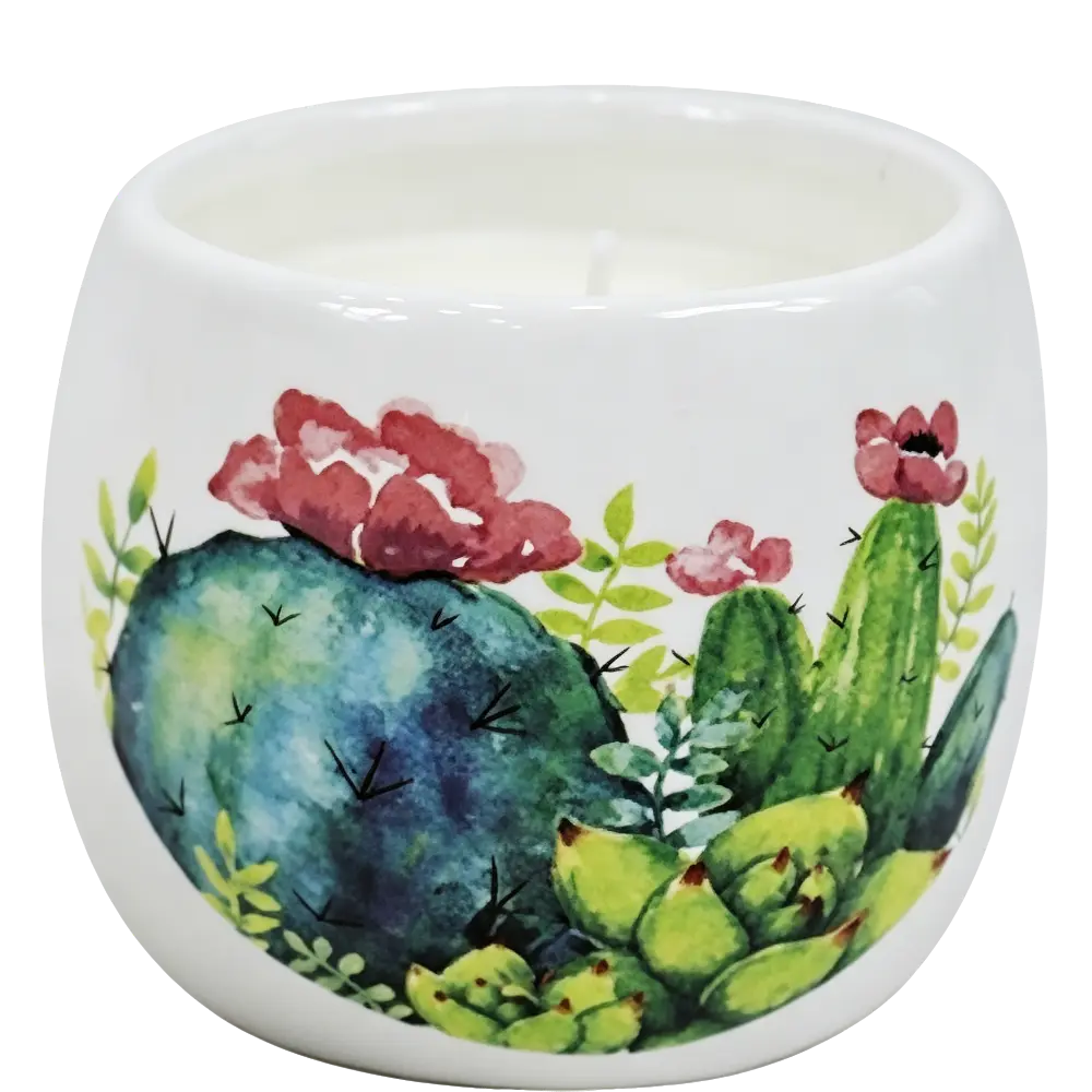 Green-Life ceramic candle jar GF25CJ154 with decal decoration, supporting detailed graphic application and scalable production for private label fragrance brands.