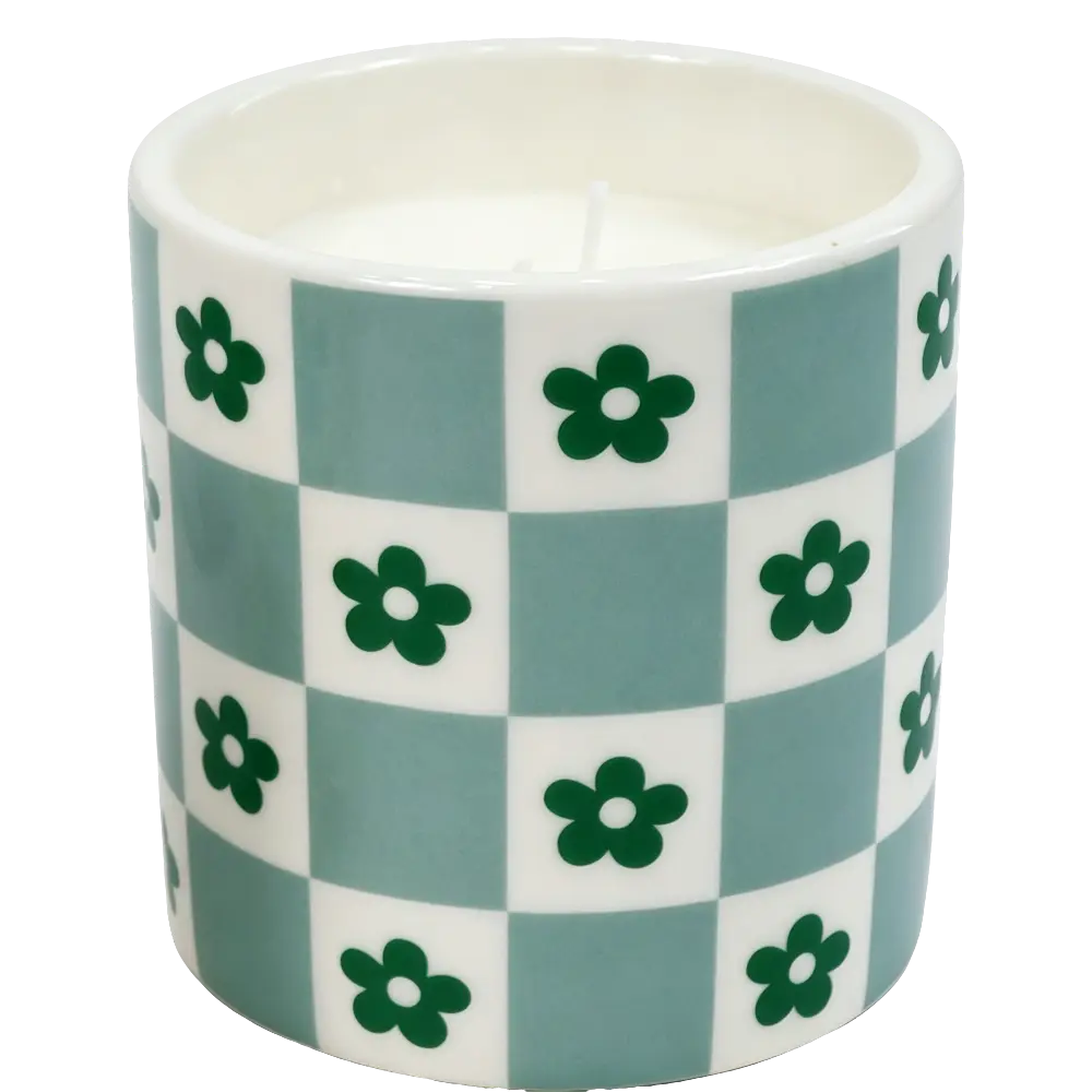 Green-Life ceramic candle jar GF25CJ255 with decal decoration, supporting detailed graphic application and scalable production for private label fragrance brands.