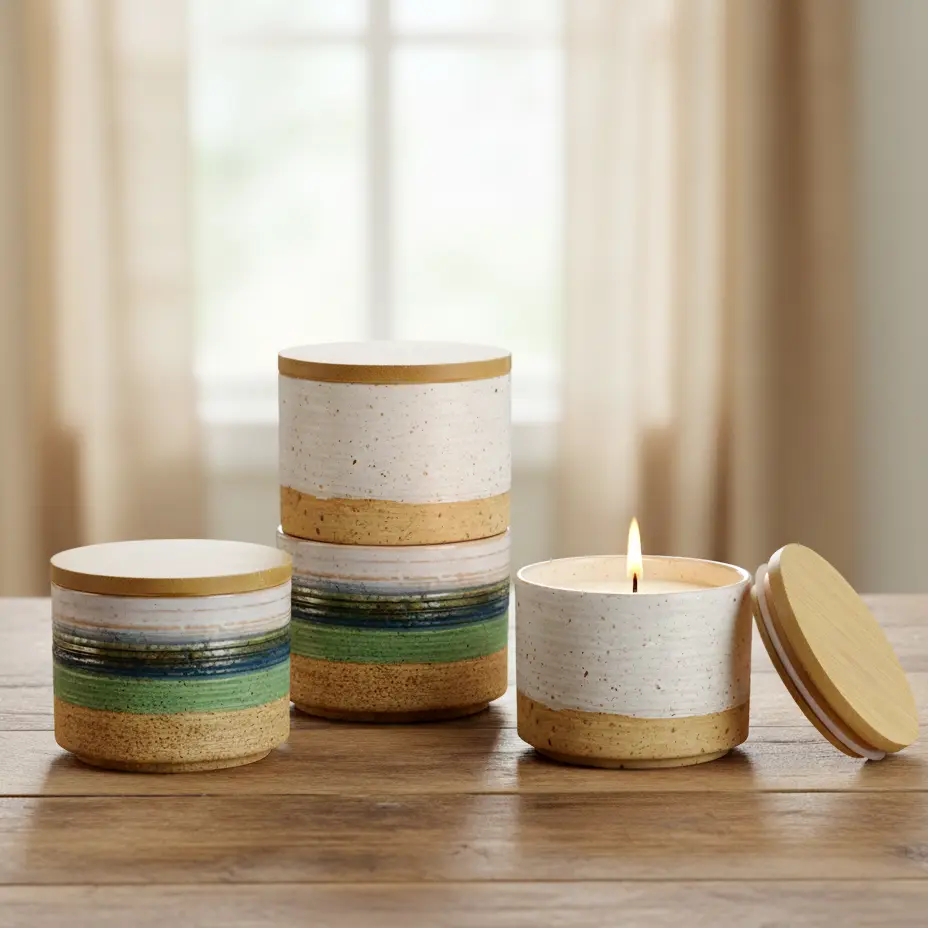 Green-Life ceramic candle jar GF25CJ603C with stackable design, enabling modular scent combinations and flexible product concepts for OEM and private label fragrance brands.