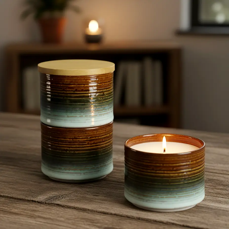 Green-Life ceramic candle jar GL25CJ608C with stackable design, enabling modular scent combinations and flexible product concepts for OEM and private label fragrance brands.