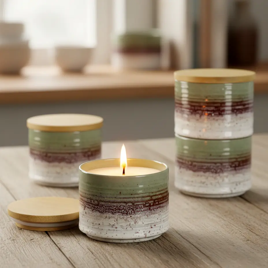 Green-Life ceramic candle jar GL25CJ618C with stackable design, enabling modular scent combinations and flexible product concepts for OEM and private label fragrance brands.