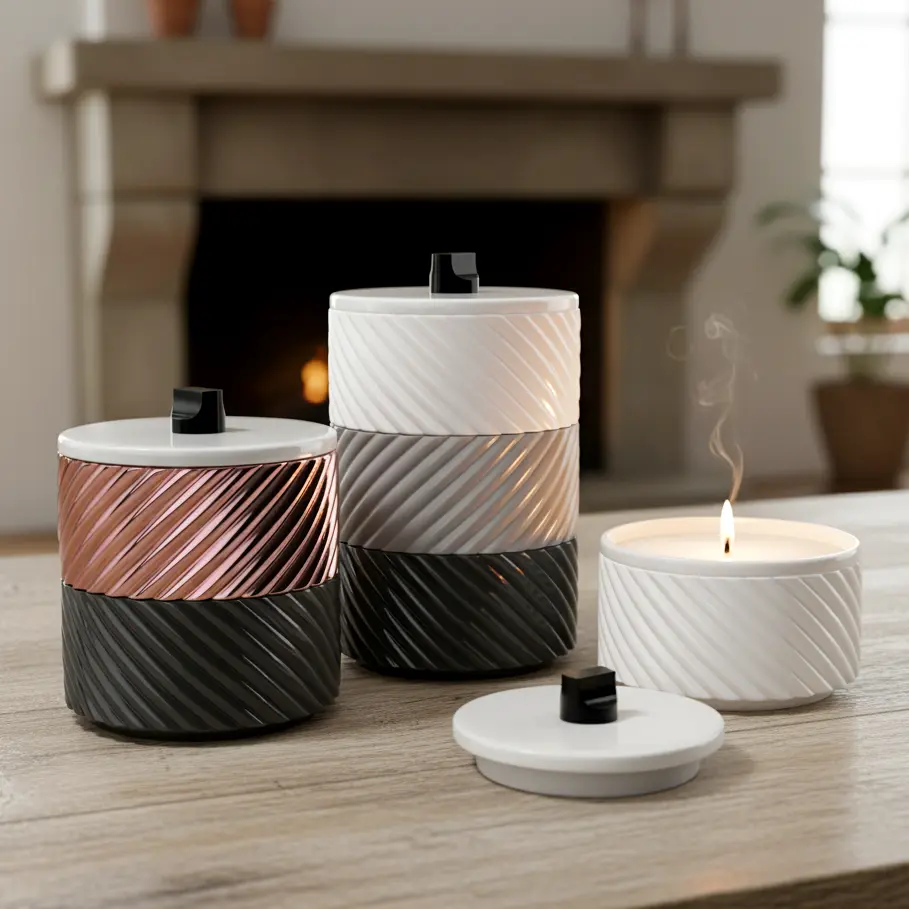 Green-Life ceramic candle jar GL25CJ715 with stackable design, enabling modular scent combinations and flexible product concepts for OEM and private label fragrance brands.