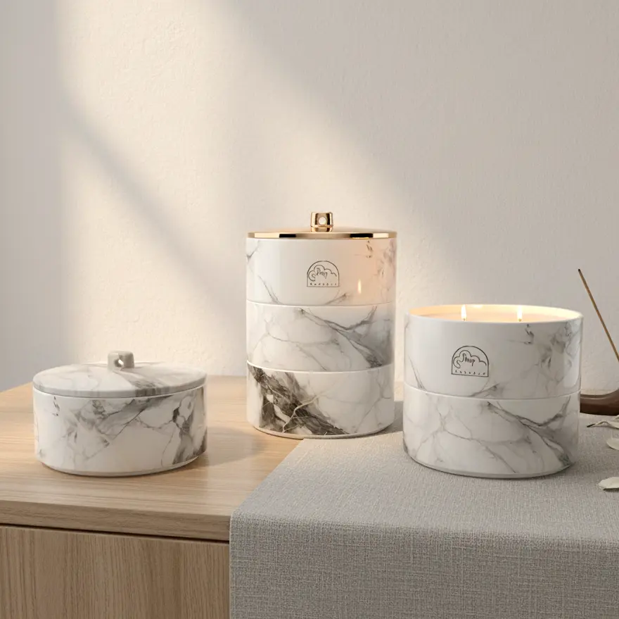 Green-Life ceramic candle jar GL25CJ729 with stackable design, enabling modular scent combinations and flexible product concepts for OEM and private label fragrance brands.
