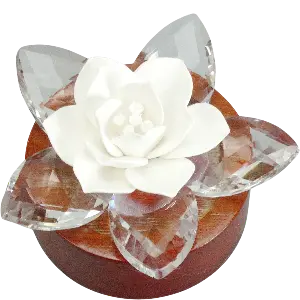 Green-Life ceramic floral diffuser GF23104-2C30 with handcrafted ceramic flower on acrylic base designed for fashional fragrance diffusion in home, desktop, car, and vehicle scent programs.