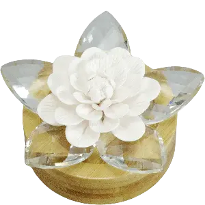 Green-Life ceramic floral diffuser GF23104-3C30 with handcrafted ceramic flower on acrylic base designed for fashional fragrance diffusion in home, desktop, car, and vehicle scent programs.
