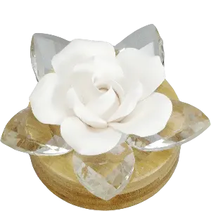 Green-Life ceramic floral diffuser GF23104-4C30 with handcrafted ceramic flower on acrylic base designed for fashional fragrance diffusion in home, desktop, car, and vehicle scent programs.