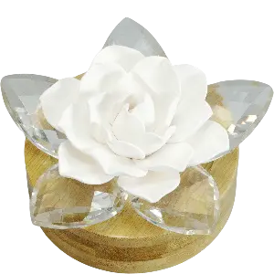 Green-Life ceramic floral diffuser GF23107-4C30 with handcrafted ceramic flower on acrylic base designed for fashional fragrance diffusion in home, desktop, car, and vehicle scent programs.