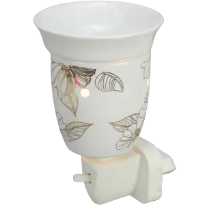 Green-Life ceramic plug-in wax warmer GL24EP712 with decal decoration, developed for detailed pattern designs and scalable fragrance retail programs.