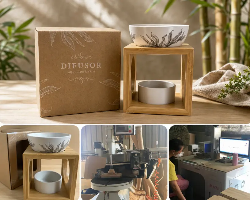 Green-Life Customized bamboo aroma burner with branded details and ceramic decoration for an eco-inspired lifestyle collection.