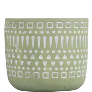 Green-Life cement candle jar GF25CJ197C102 with cutout pattern, combining solid material with light diffusion for decorative fragrance applications.