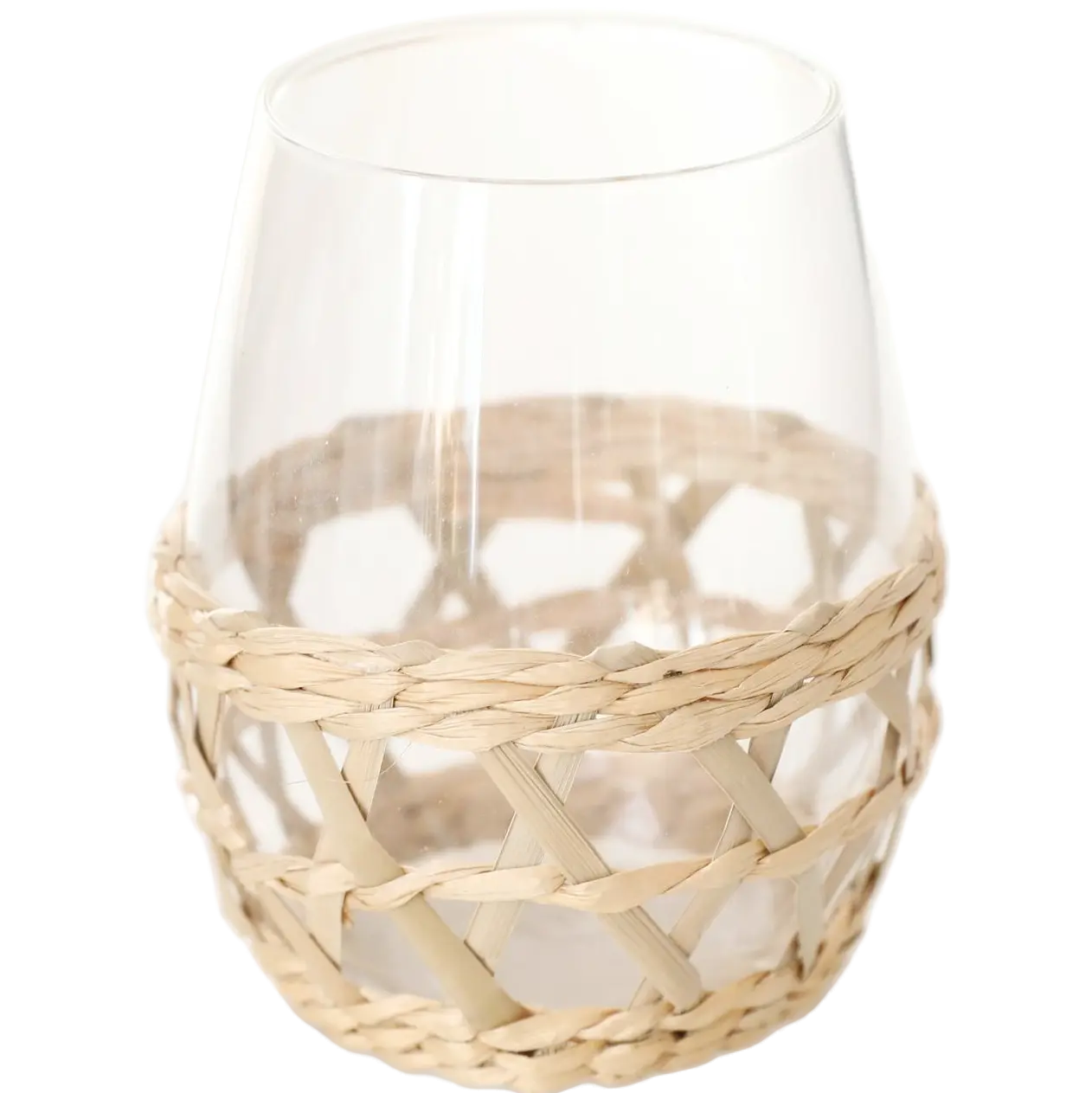 Green-Life glass candle jar with woven style outer layer, combining transparency with natural texture for lifestyle fragrance collections.