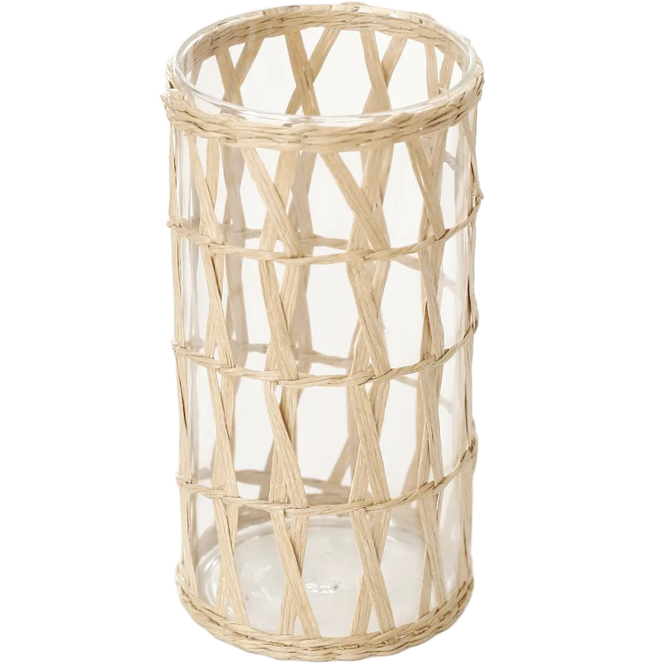 Green-Life glass candle jar with woven style outer layer, combining transparency with natural texture for lifestyle fragrance collections.