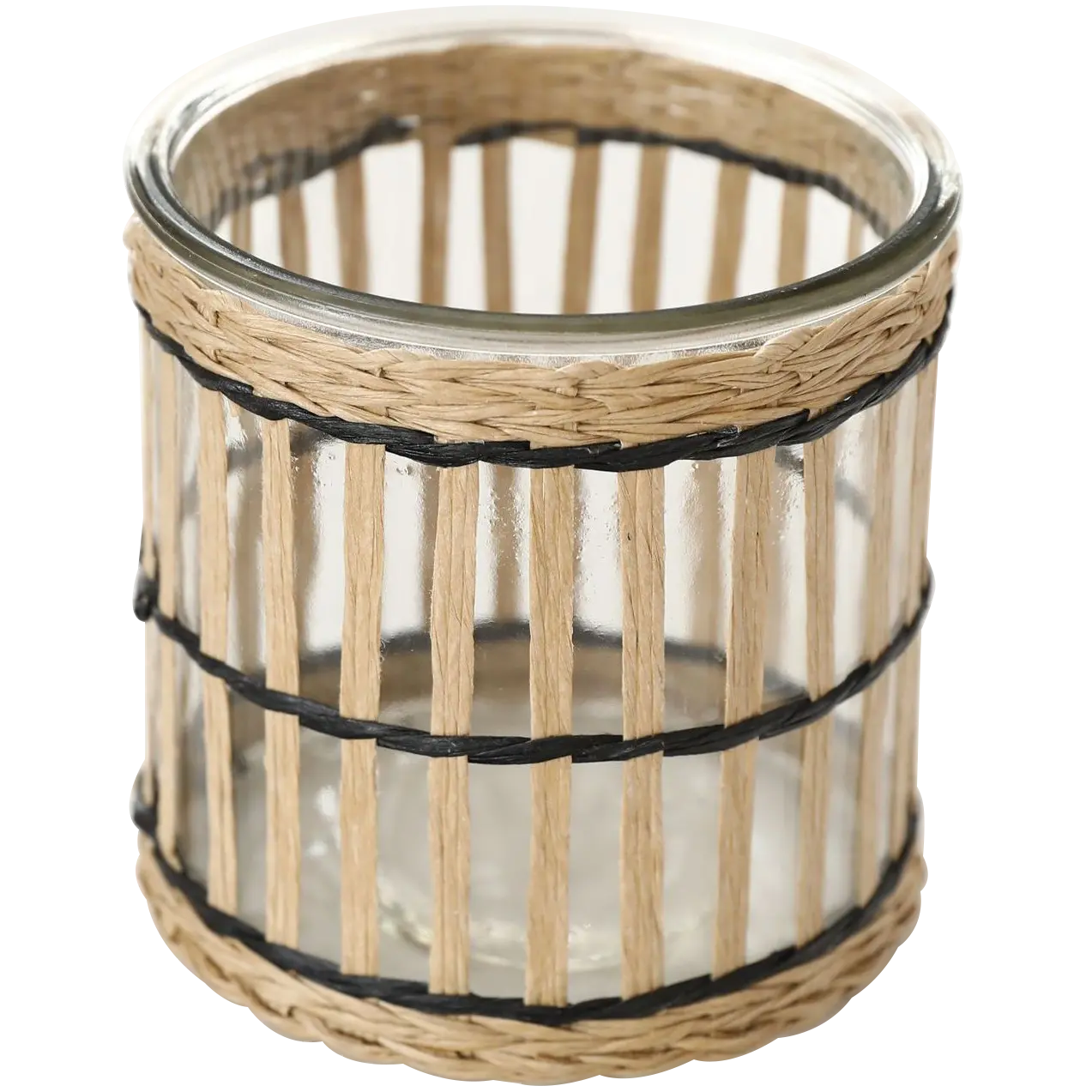 Green-Life glass candle jar with woven style outer layer, combining transparency with natural texture for lifestyle fragrance collections.