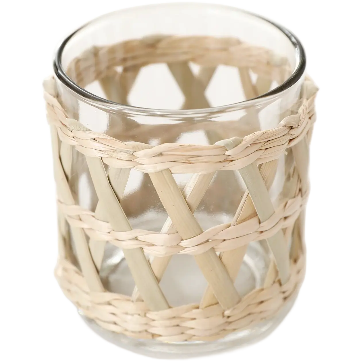 Green-Life glass candle jar with woven style outer layer, combining transparency with natural texture for lifestyle fragrance collections.