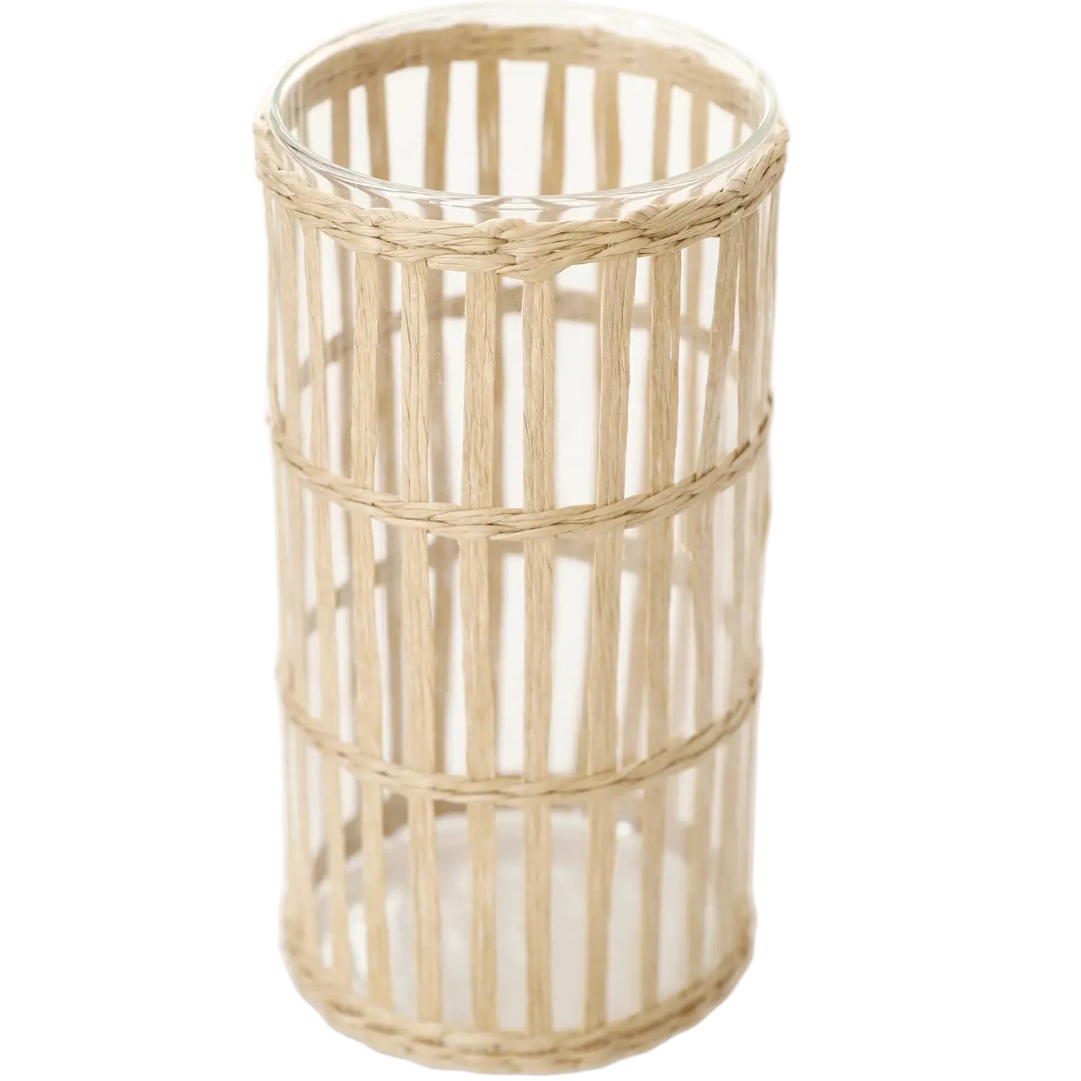 Green-Life glass candle jar with woven style outer layer, combining transparency with natural texture for lifestyle fragrance collections.