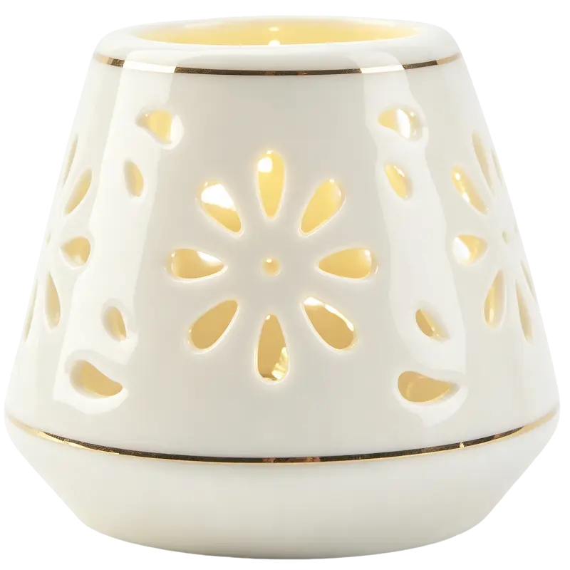 Green-Life ceramic luminary candle holder GF25CH5370 with cutout pattern, projecting decorative light effects that support seasonal launches and visual merchandising.