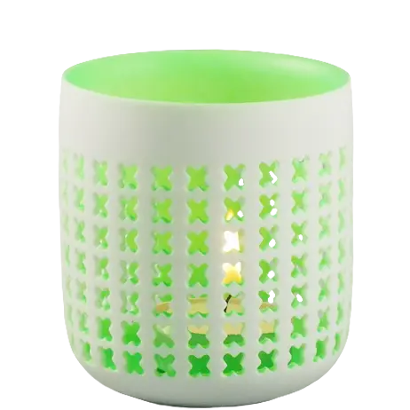 Green-Life ceramic luminary candle holder GLC180581 with cutout pattern, projecting decorative light effects that support seasonal launches and visual merchandising.