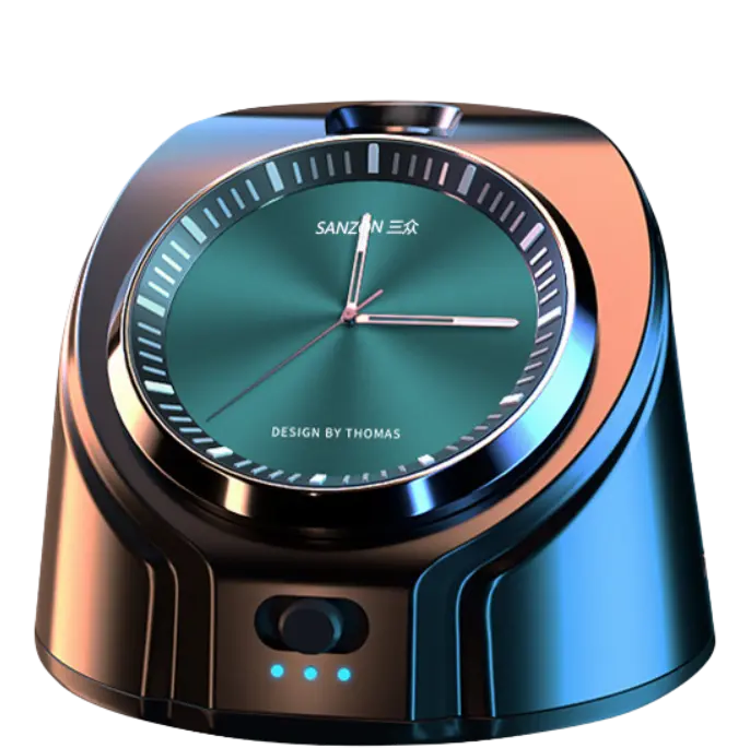 Green-Life metal car diffuser GF24DS237E23 powered by solar energy, designed to sit on the dashboard or windshield area and deliver continuous fragrance diffusion for modern automotive aroma collections.