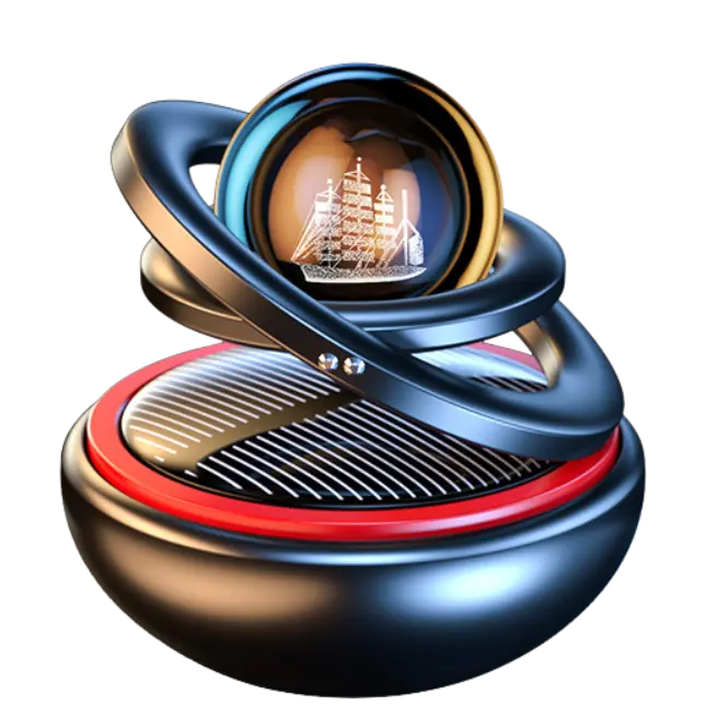 Green-Life metal car diffuser GF24DS240E34 powered by solar energy, designed to sit on the dashboard or windshield area and deliver continuous fragrance diffusion for modern automotive aroma collections.