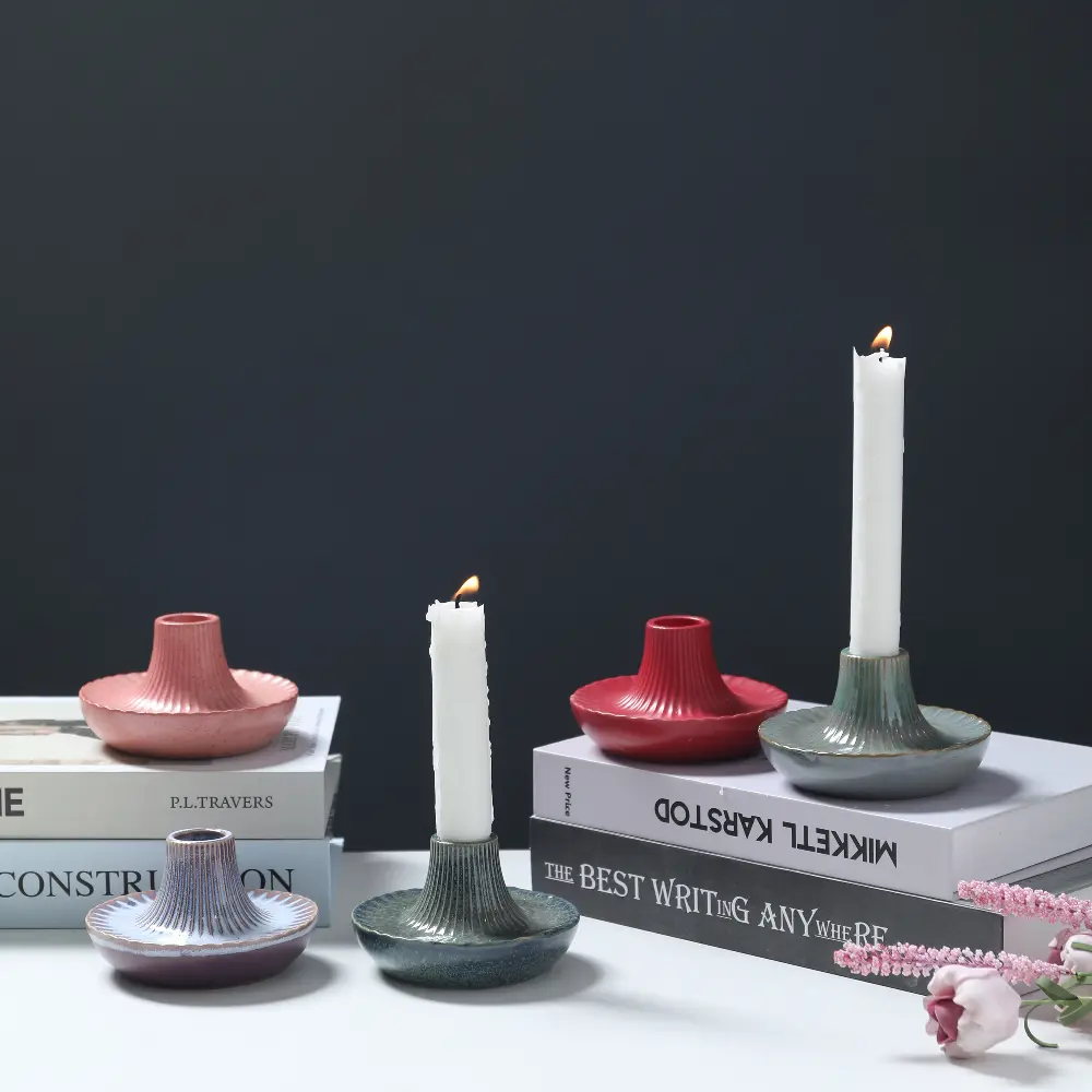 Green-Life ceramic candle stick holder with color glaze finish, supporting mass customization and consistent production for private label candle brands.