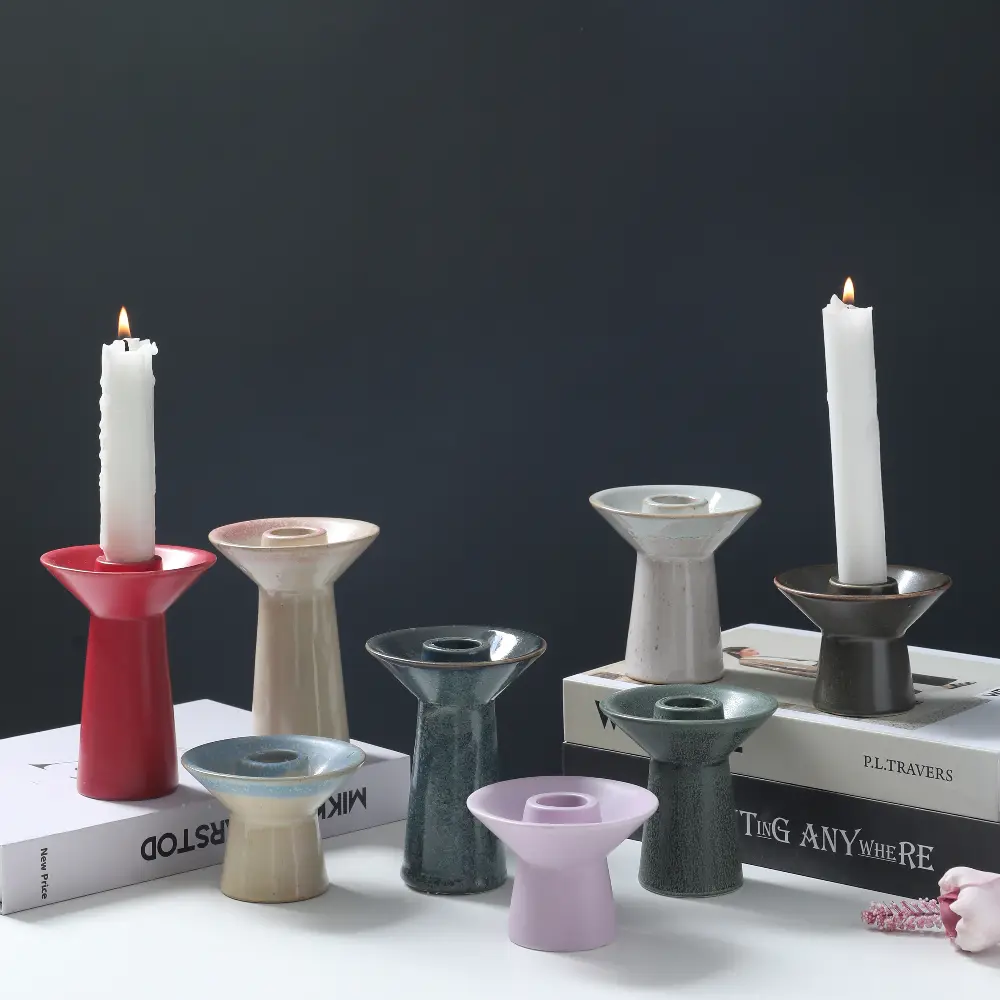Green-Life ceramic candle stick holder GF25CH1006 with color glaze finish, supporting mass customization and consistent production for private label candle brands.
