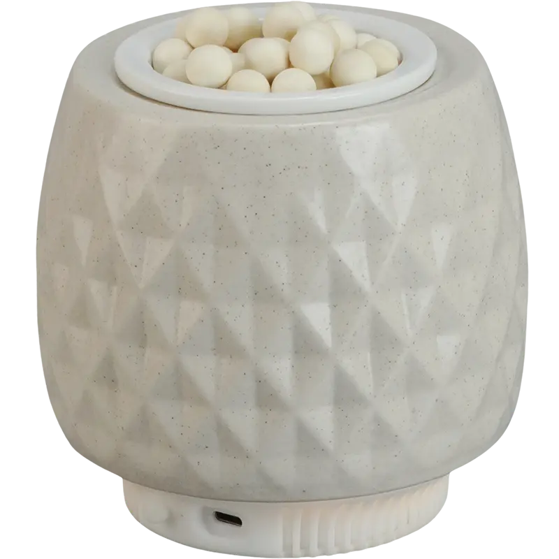 Green-Life ceramic fan diffuser GL25EF932 with aroma media cup design allowing wood beads, lava stones or ceramic media for natural fragrance diffusion and flexible scent programs.