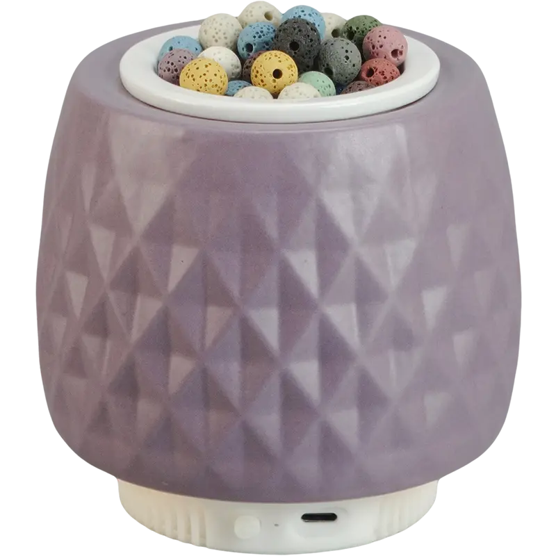 Green-Life ceramic fan diffuser GL25EF933 with aroma media cup design allowing wood beads, lava stones or ceramic media for natural fragrance diffusion and flexible scent programs.