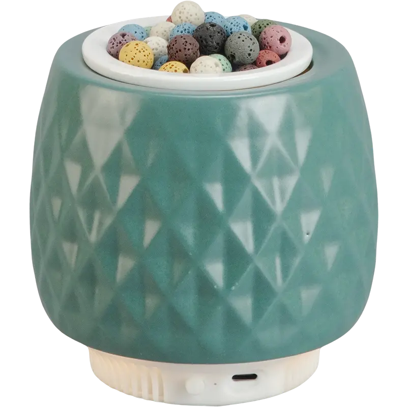 Green-Life ceramic fan diffuser GL25EF934 with aroma media cup design allowing wood beads, lava stones or ceramic media for natural fragrance diffusion and flexible scent programs.