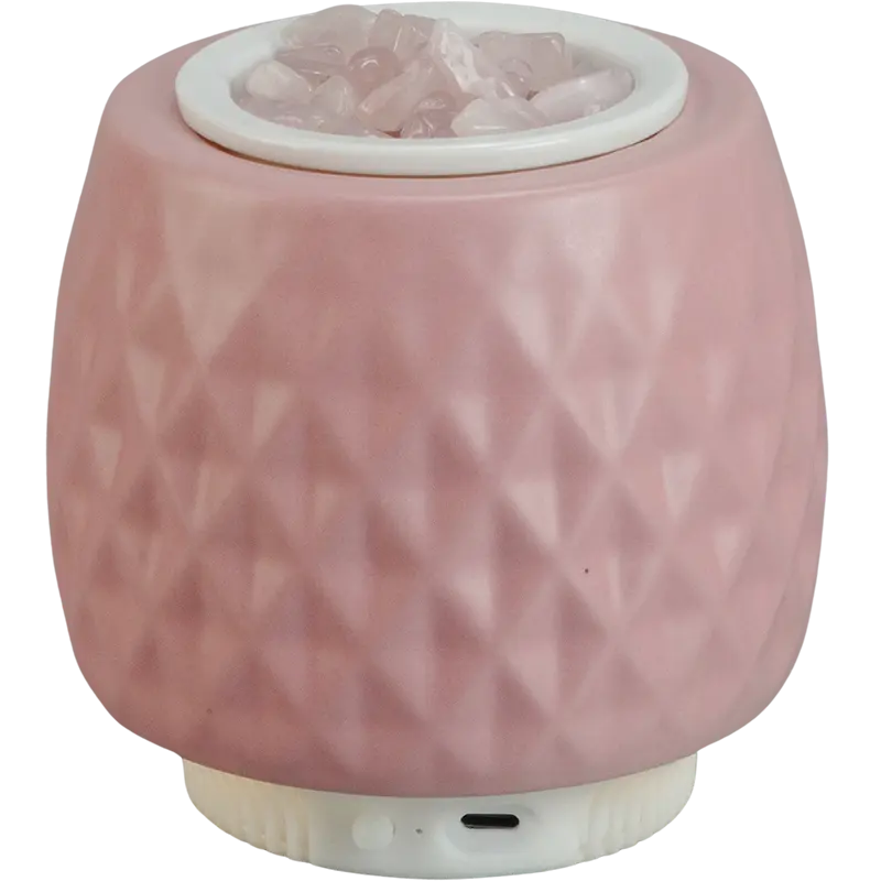Green-Life ceramic fan diffuser GL25EF935 with aroma media cup design allowing wood beads, lava stones or ceramic media for natural fragrance diffusion and flexible scent programs.