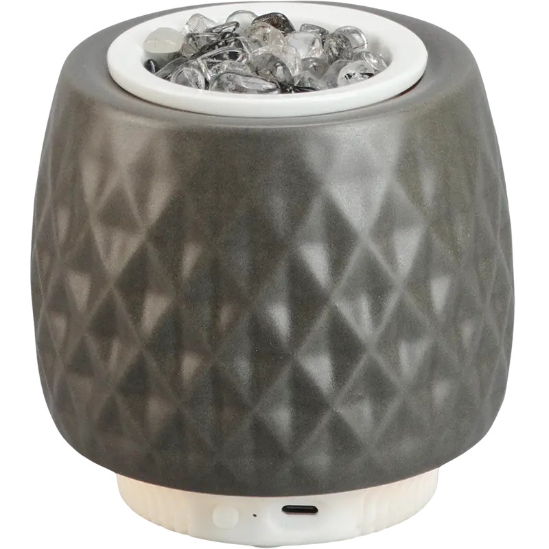 Green-Life ceramic fan diffuser GL25EF936 with aroma media cup design allowing wood beads, lava stones or ceramic media for natural fragrance diffusion and flexible scent programs.