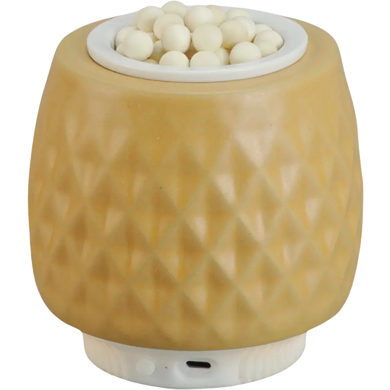 Green-Life ceramic fan diffuser GL25EF937 with aroma media cup design allowing wood beads, lava stones or ceramic media for natural fragrance diffusion and flexible scent programs.