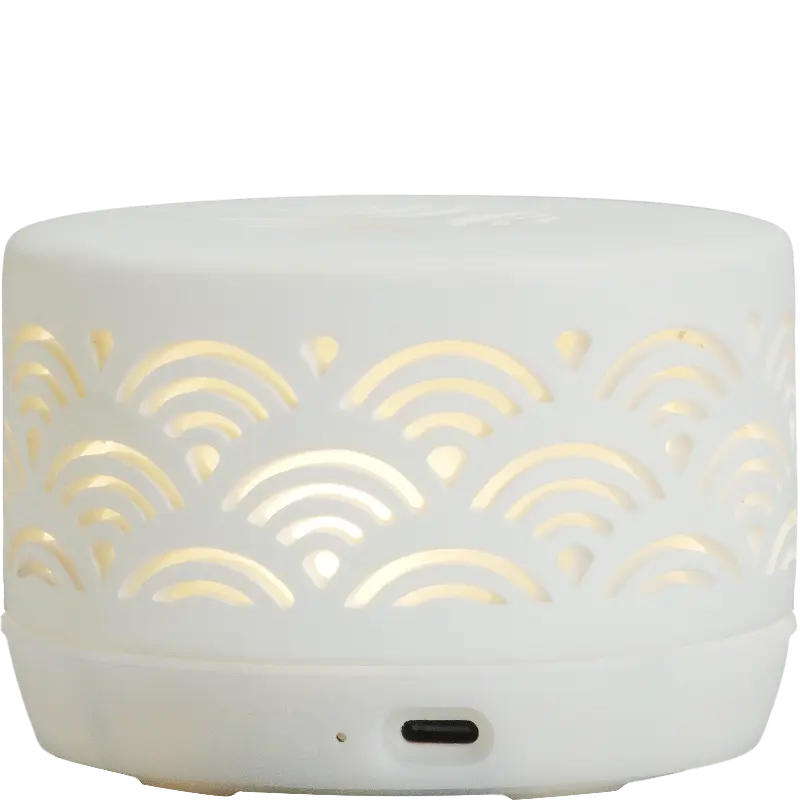 Green-Life pure white porcelain fan diffuser GL26EF199C with cutout patterns, suitable for private label fragrance brands seeking clean aesthetic diffuser collections.