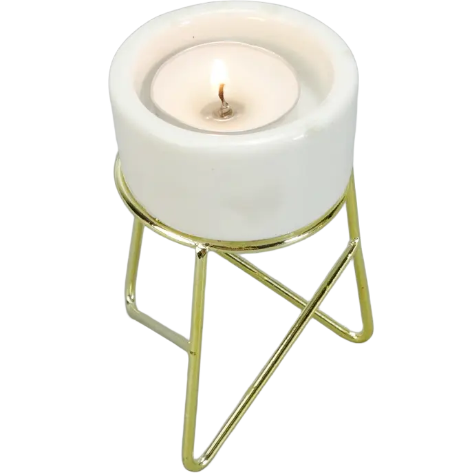 Green-Life ceramic tealight holder GF22B2383C26 with metal stand, combining structure and elevation for enhanced candle display and retail presentation.