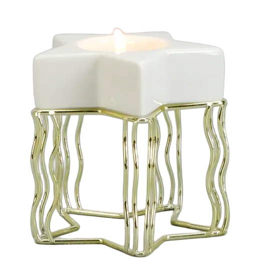 Green-Life ceramic tealight holder GF22B2513C26 with metal stand, combining structure and elevation for enhanced candle display and retail presentation.