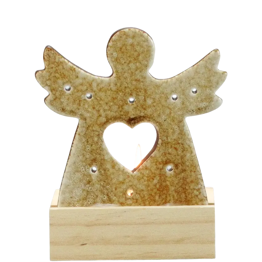 Green-Life ceramic tealight holder GF23F58319DC11 with wood base, offering warm material contrast for lifestyle and natural candle collections.