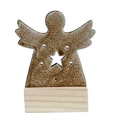 Green-Life ceramic tealight holder GF23F58320DC11 with wood base, offering warm material contrast for lifestyle and natural candle collections.