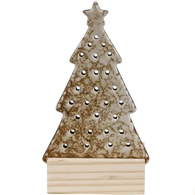 Green-Life ceramic tealight holder GF23F58323DC11 with wood base, offering warm material contrast for lifestyle and natural candle collections.