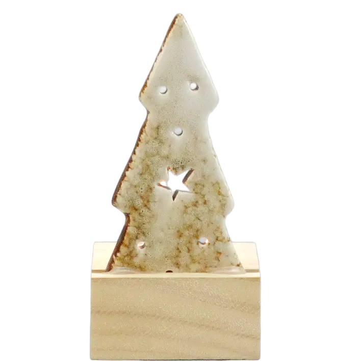 Green-Life ceramic tealight holder GF23F58324DC11 with wood base, offering warm material contrast for lifestyle and natural candle collections.