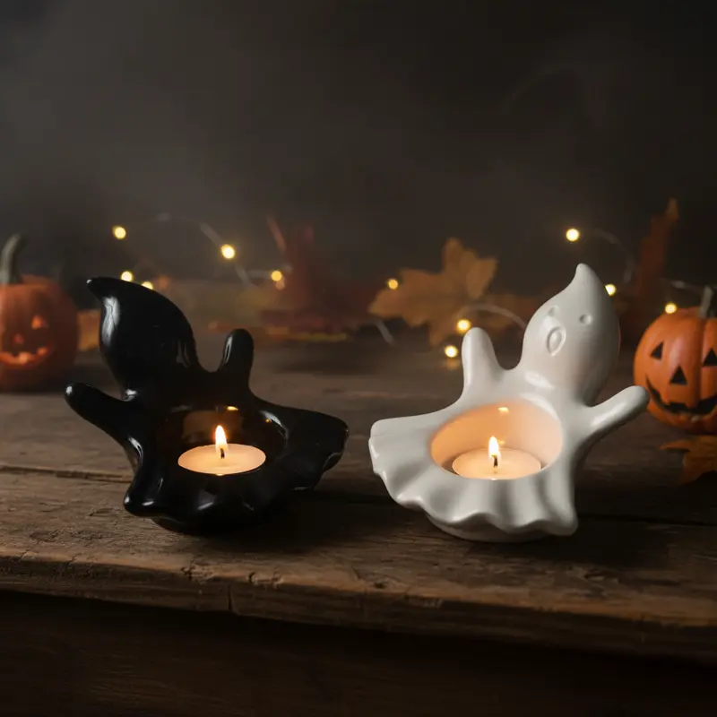 Green-Life ceramic tealight holder GF25CH838 with holiday themes, supporting fast seasonal updates and promotional candle assortments.