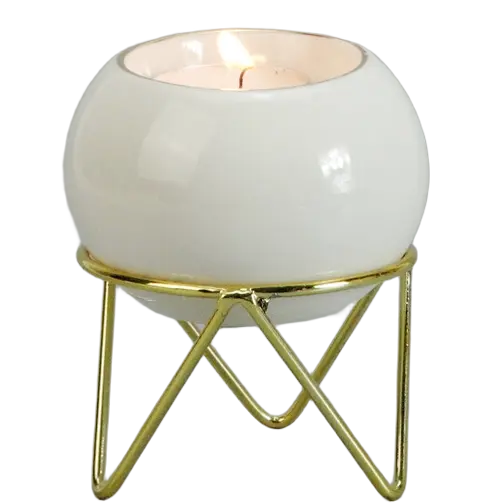 Green-Life ceramic tealight holder GF61130T2JC26 with metal stand, combining structure and elevation for enhanced candle display and retail presentation.