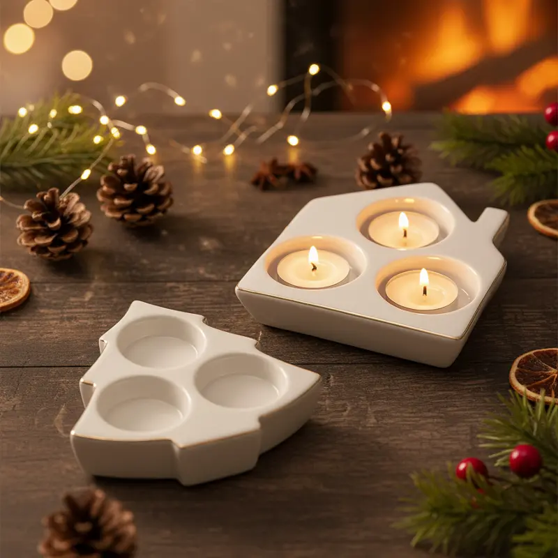 Green-Life ceramic tealight holder GF75315JC26 with holiday themes, supporting fast seasonal updates and promotional candle assortments.