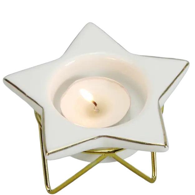 Green-Life ceramic tealight holder GF85708AJC26 with metal stand, combining structure and elevation for enhanced candle display and retail presentation.