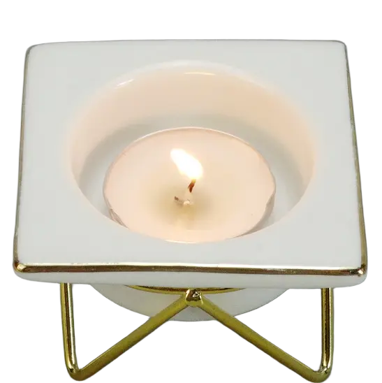 Green-Life ceramic tealight holder GF85708BJC26 with metal stand, combining structure and elevation for enhanced candle display and retail presentation.