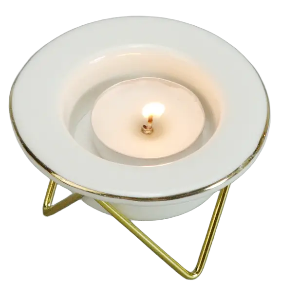 Green-Life ceramic tealight holder GF85708EJC26 with metal stand, combining structure and elevation for enhanced candle display and retail presentation.